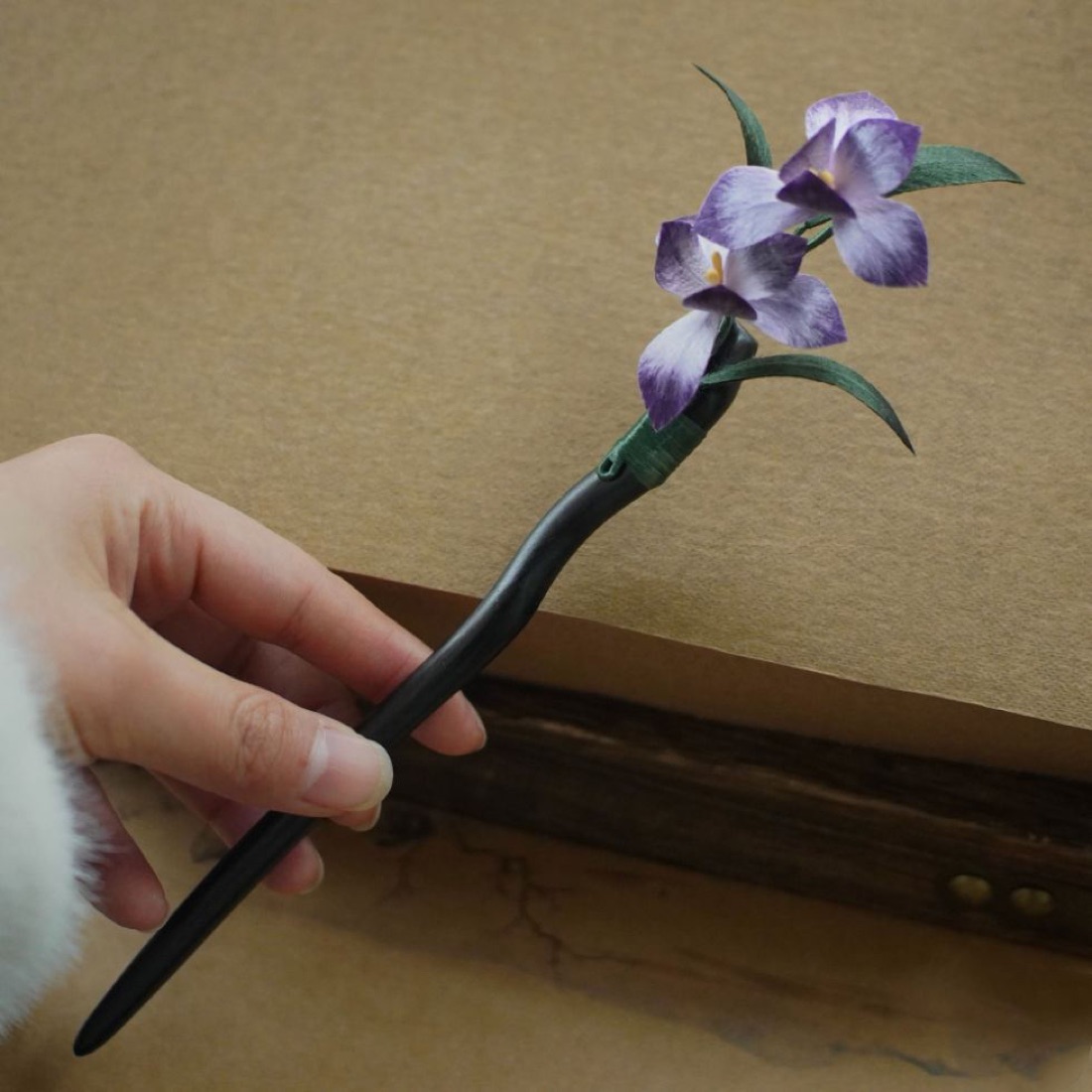 Wood hairpin with wisteria velvet inlay